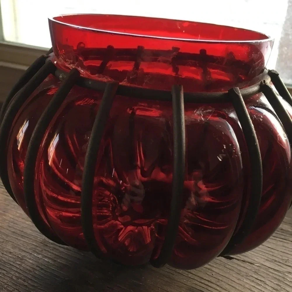 Caged red  glass bowl